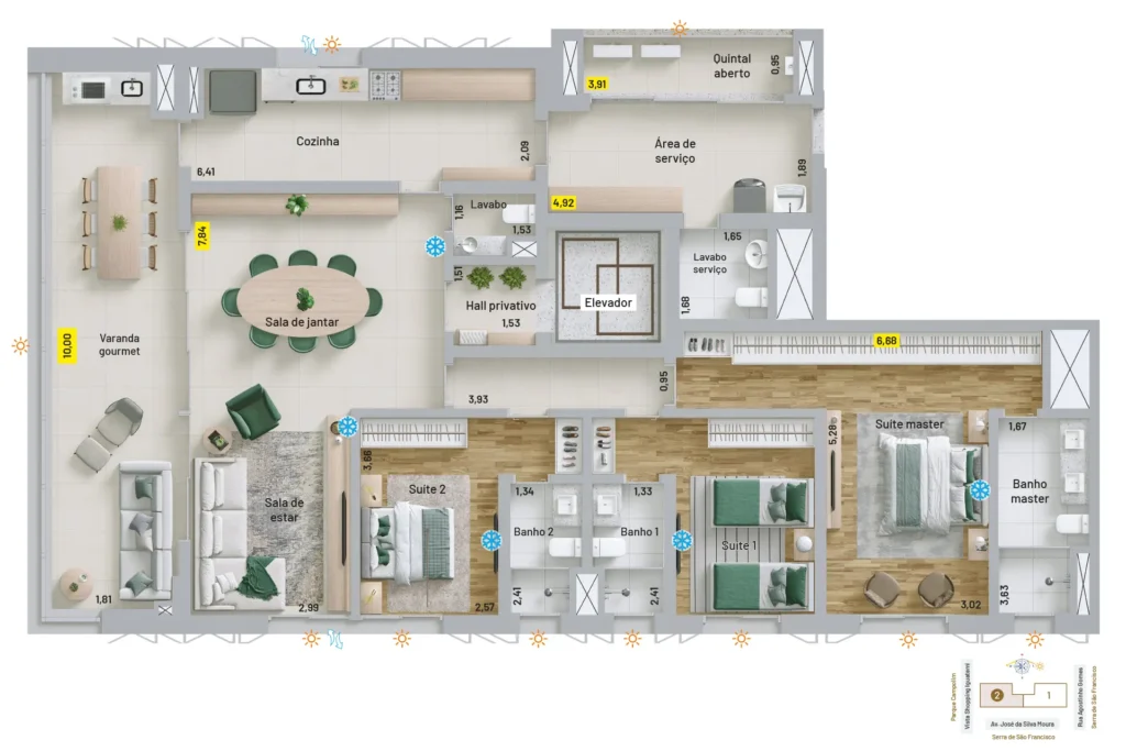 Apartamentos de 3 suítes com lavabo, banheiro de serviço, varanda gourmet e hall privativo