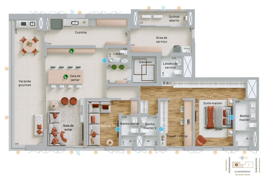 Apartamentos de 1 suíte com 2 banheiros e closet ampliado e sala de TV